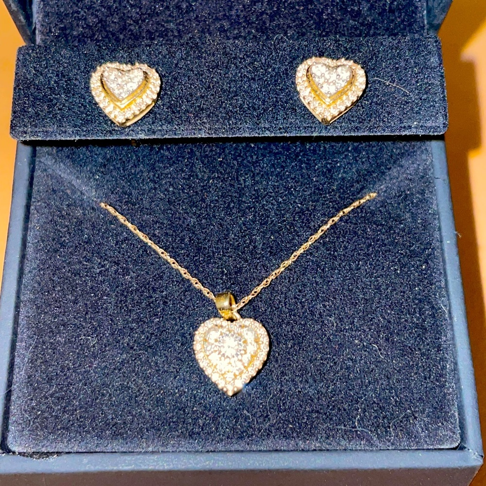 Heart Framed Diamond Earrings and Necklace Set